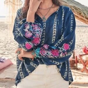Sundance Blue Joy In Beauty Tie Dye Embroidered Boho Blouse